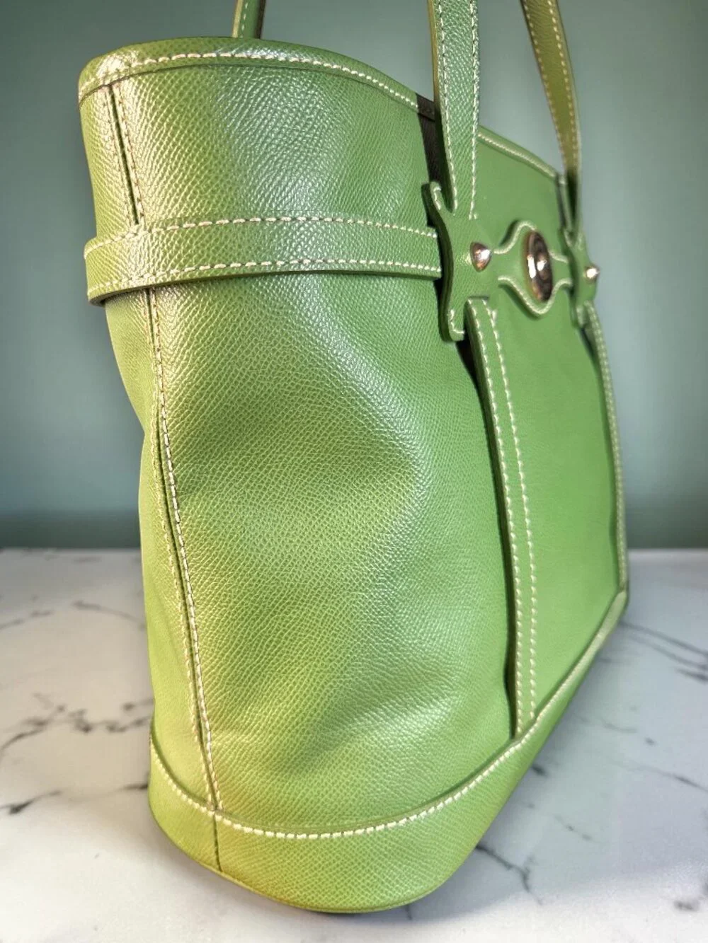 Dooney & Bourke Vintage Pebbled Green Leather Tote Bag with Matching Wallet Set